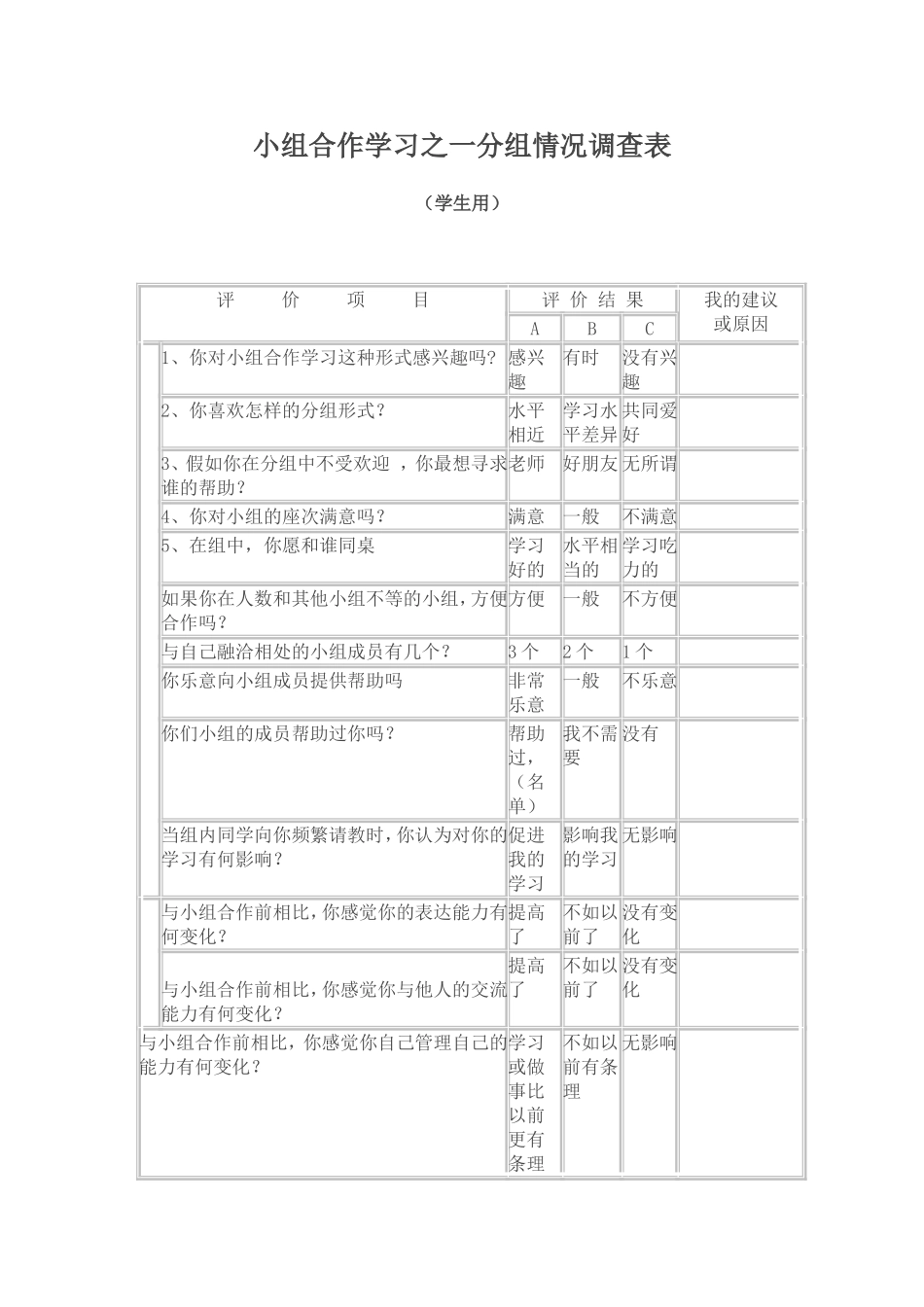 小组合作学习之一分组情况调查表_第1页