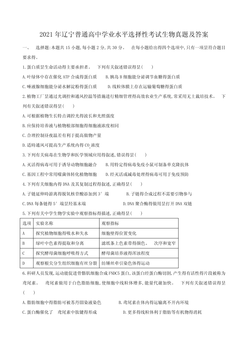2021年辽宁普通高中学业水平选择性考试生物真题及答案 _第1页
