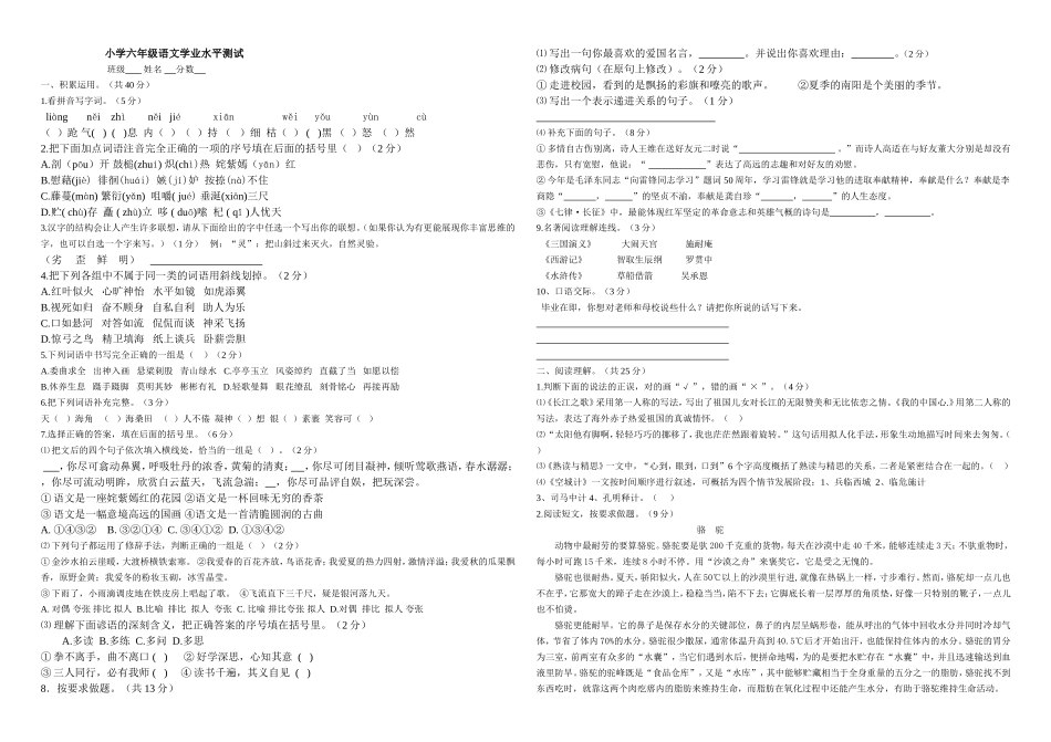 小学六年级语文2013春毕业试卷_第1页