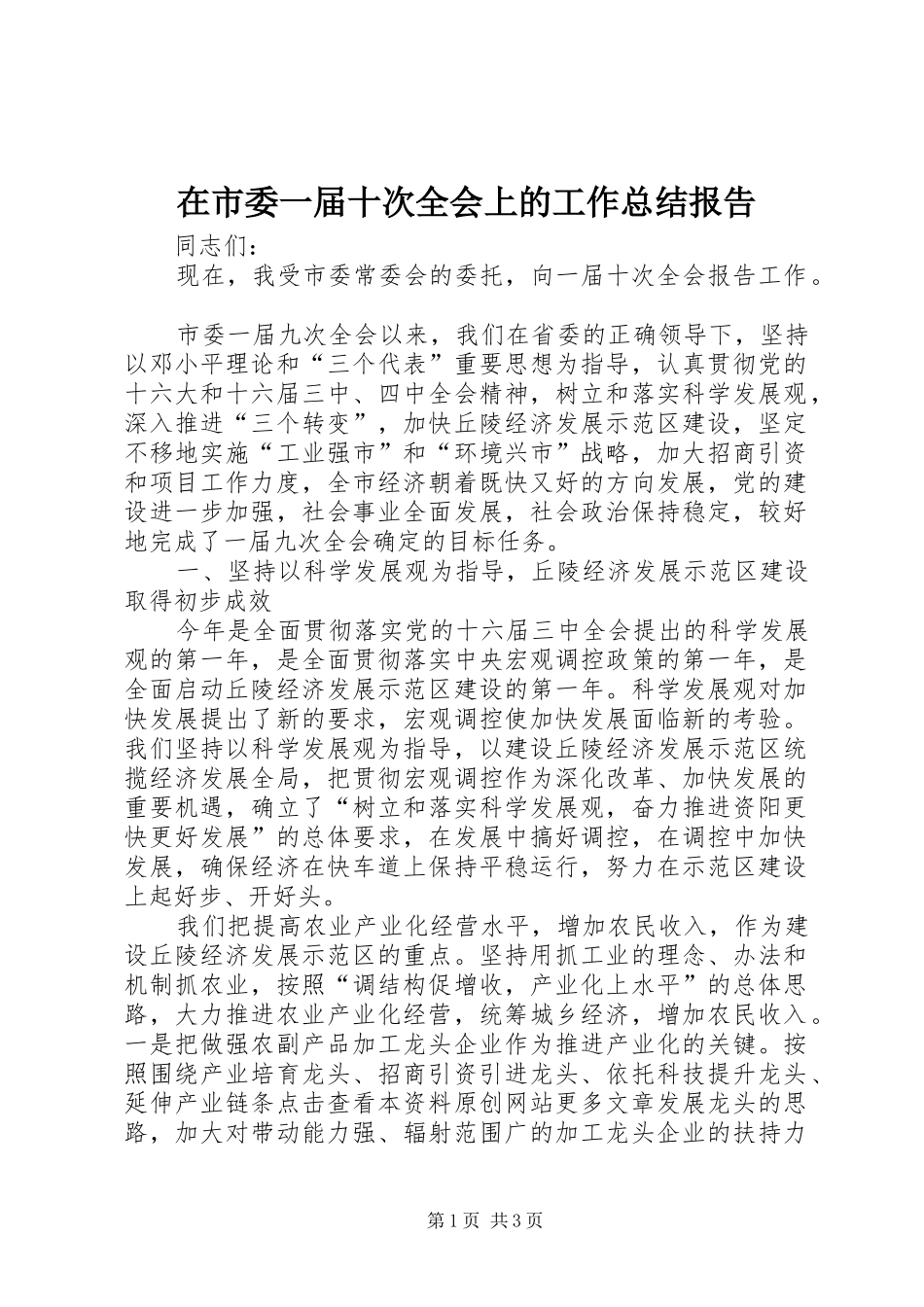 在市委一届十次全会上的工作总结报告_第1页