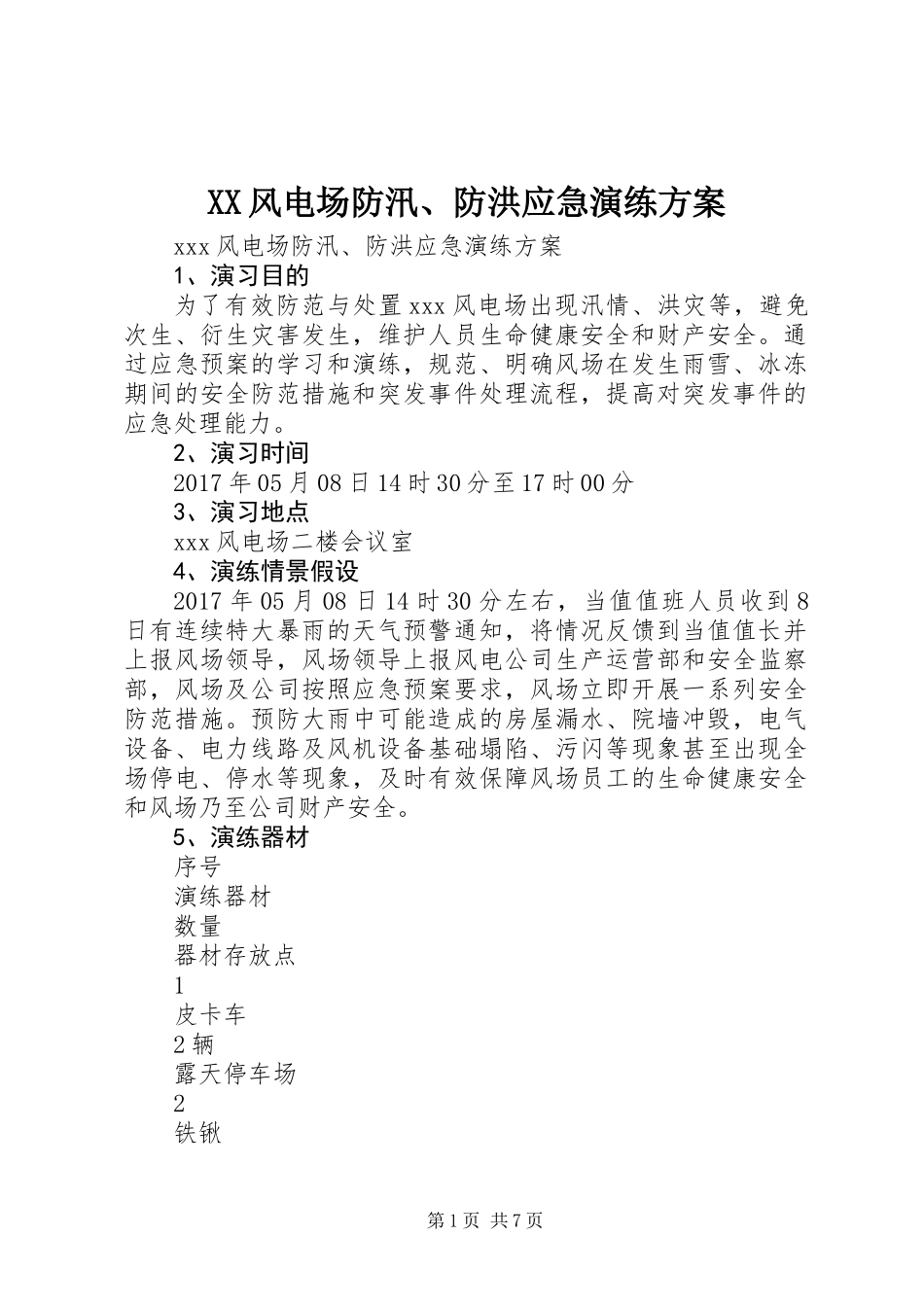 XX风电场防汛、防洪应急演练方案_第1页