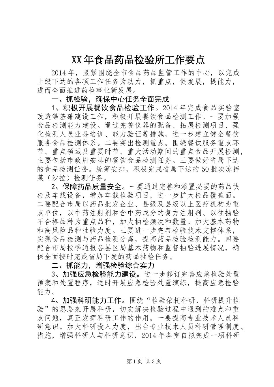 XX年食品药品检验所工作要点_第1页