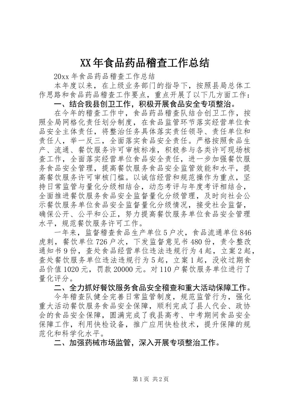 XX年食品药品稽查工作总结_第1页