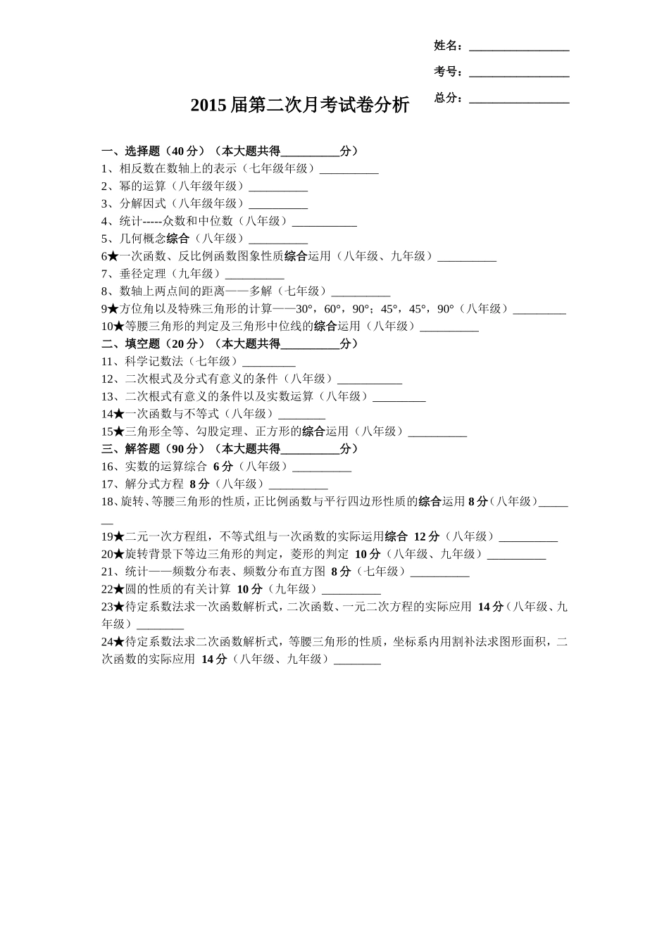 2015届第二次月考试卷分析_第1页