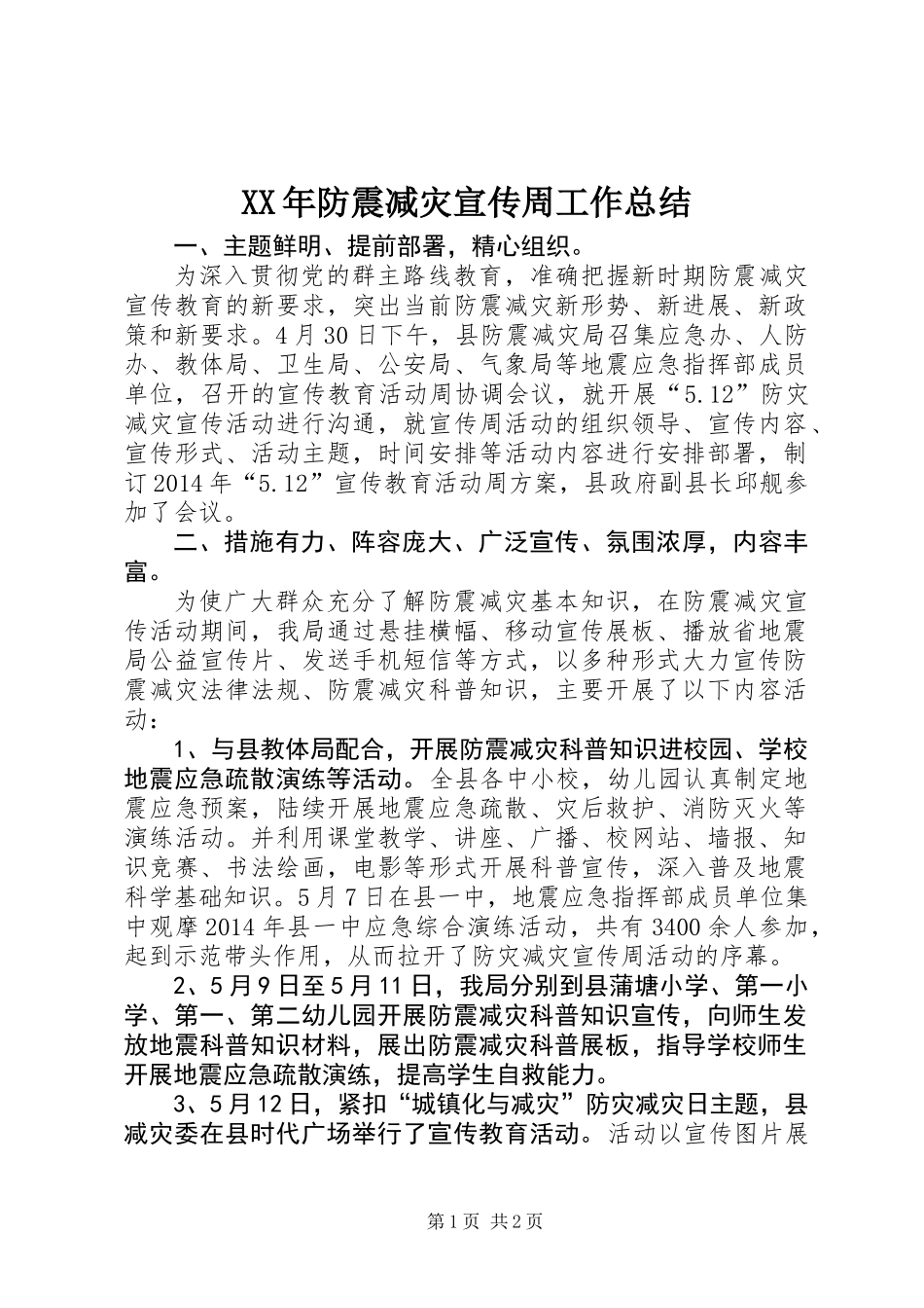 XX年防震减灾宣传周工作总结_第1页