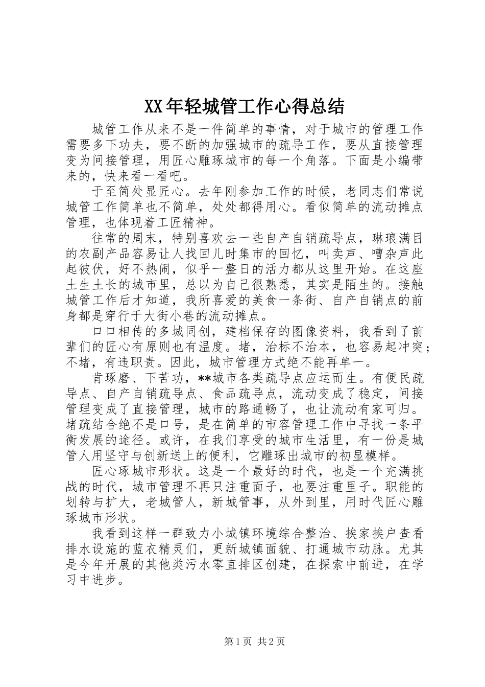 XX年轻城管工作心得总结_第1页