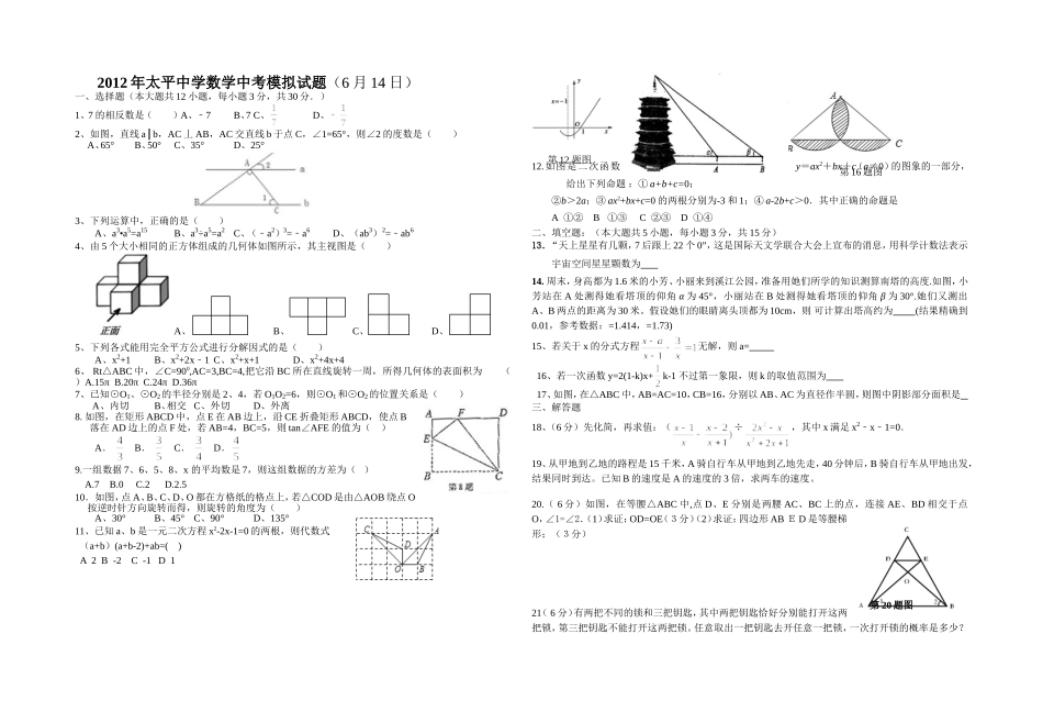 2012年太平中学数学中考模拟试题_第1页