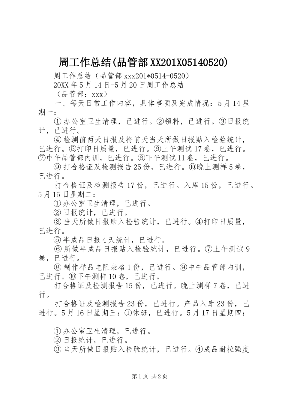 周工作总结(品管部XX201X05140520)_第1页
