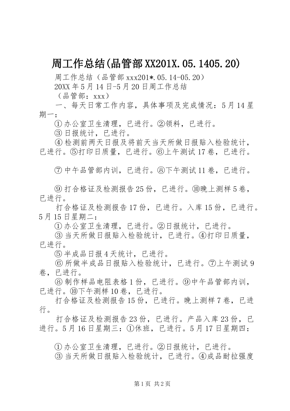 周工作总结(品管部XX201X.05.1405.20)_第1页