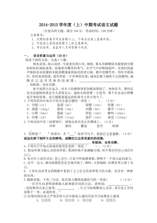 河南省驻马店市确山县2015九年级上学期期中考试语文试卷