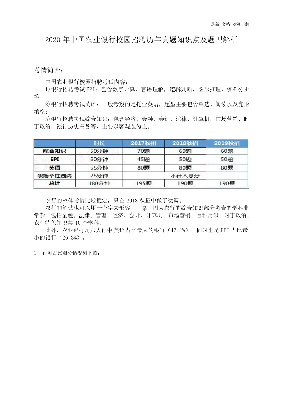 最新2020年中国农业银行校园招聘历年真题试卷知识点及题型解析_第1页