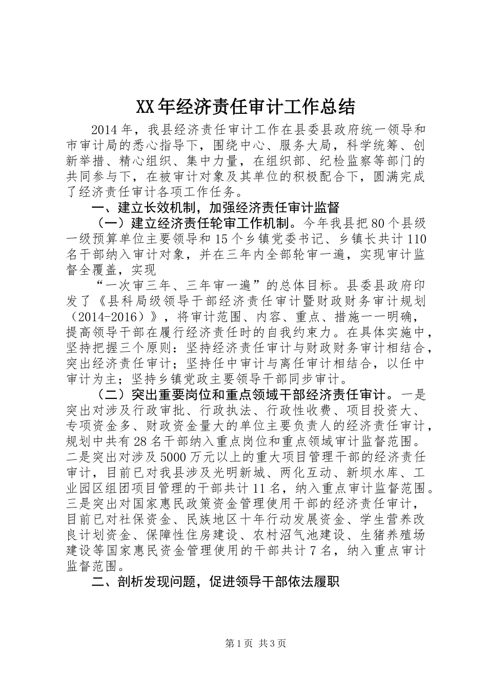 XX年经济责任审计工作总结_第1页