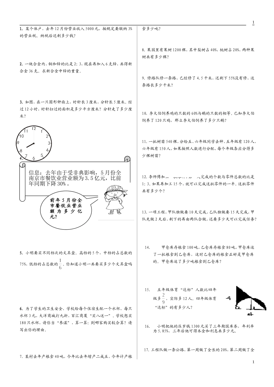 人教版小学六年级数学上册应用题、计算题专项练习总复习87题_第1页