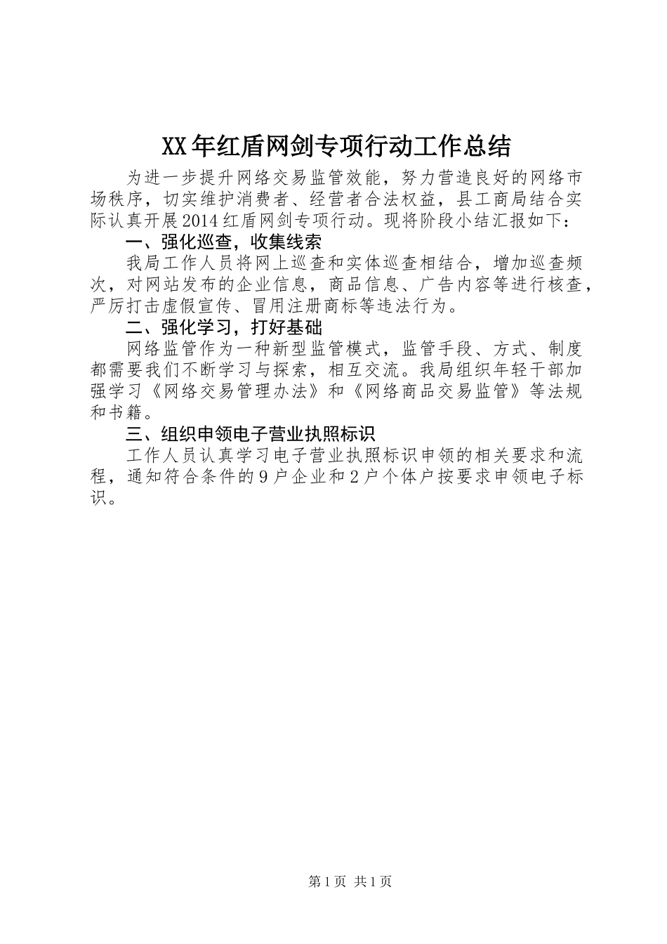 XX年红盾网剑专项行动工作总结_第1页