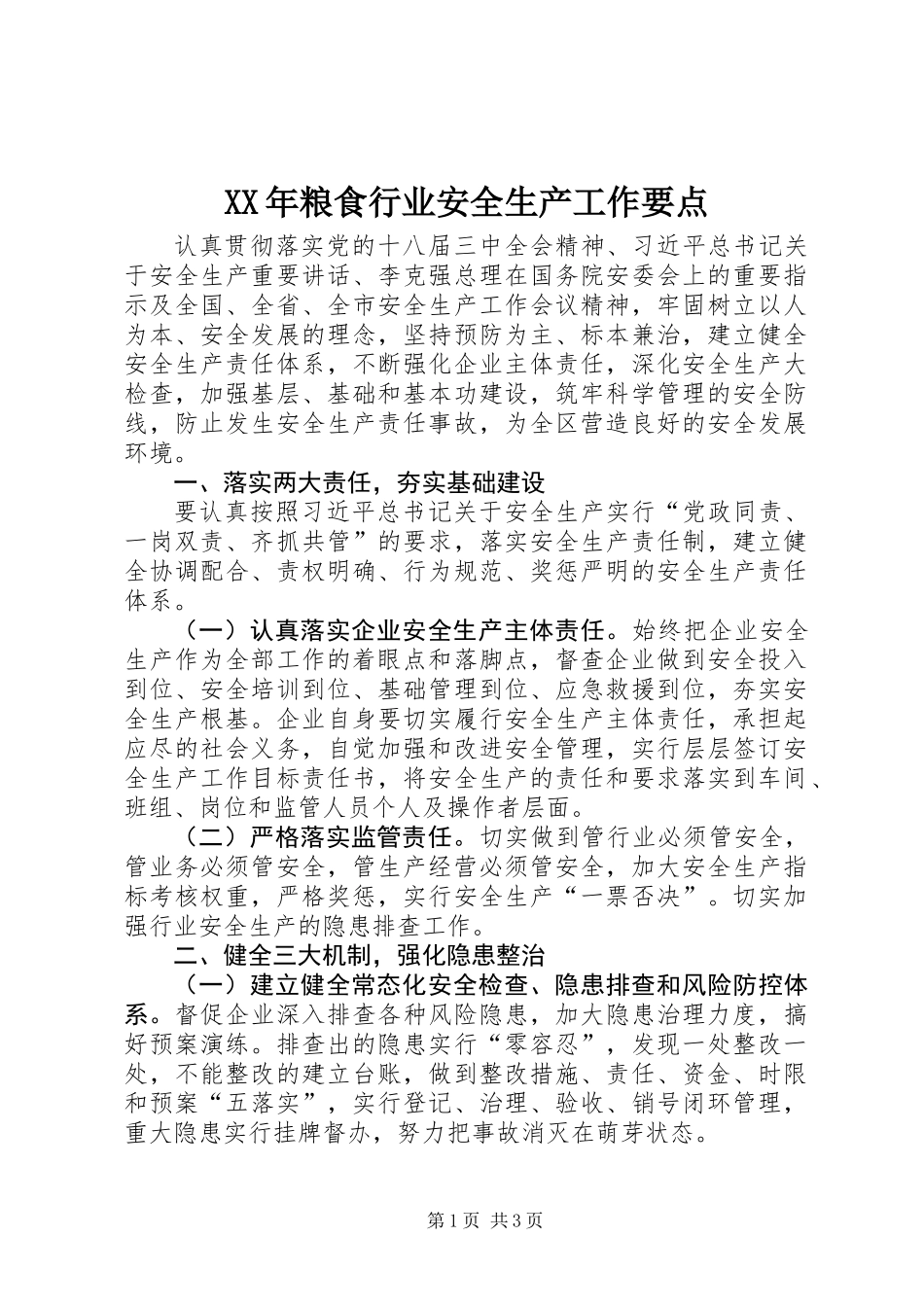 XX年粮食行业安全生产工作要点_第1页