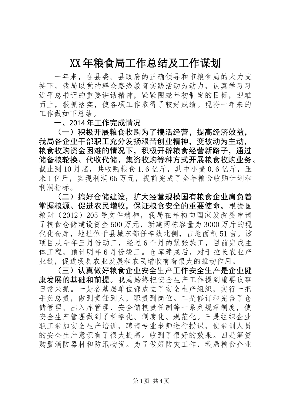 XX年粮食局工作总结及工作谋划_第1页