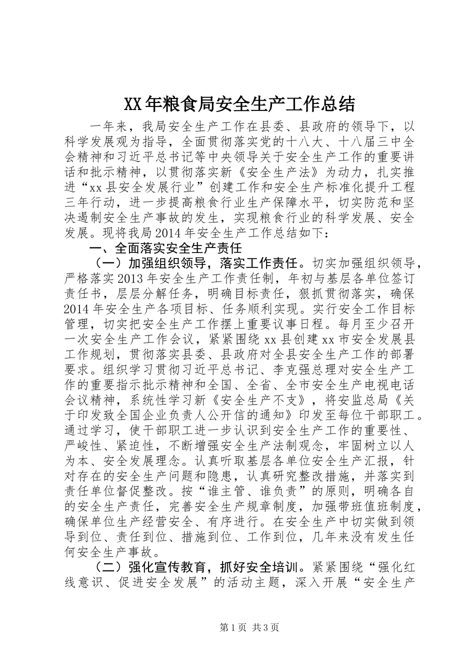 XX年粮食局安全生产工作总结_第1页