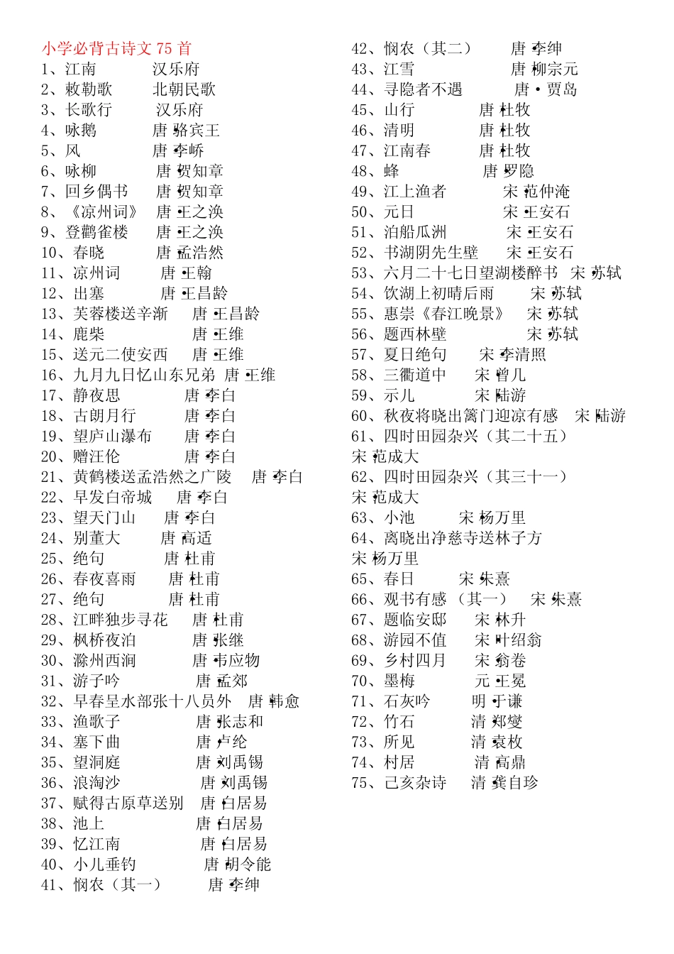 新课标小学必背古诗75首 - 打印完美版 _第1页