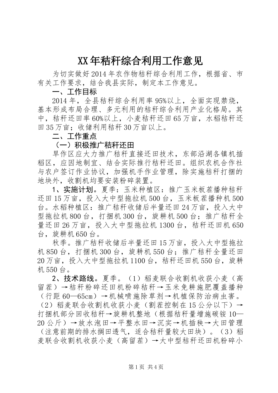 XX年秸秆综合利用工作意见_第1页
