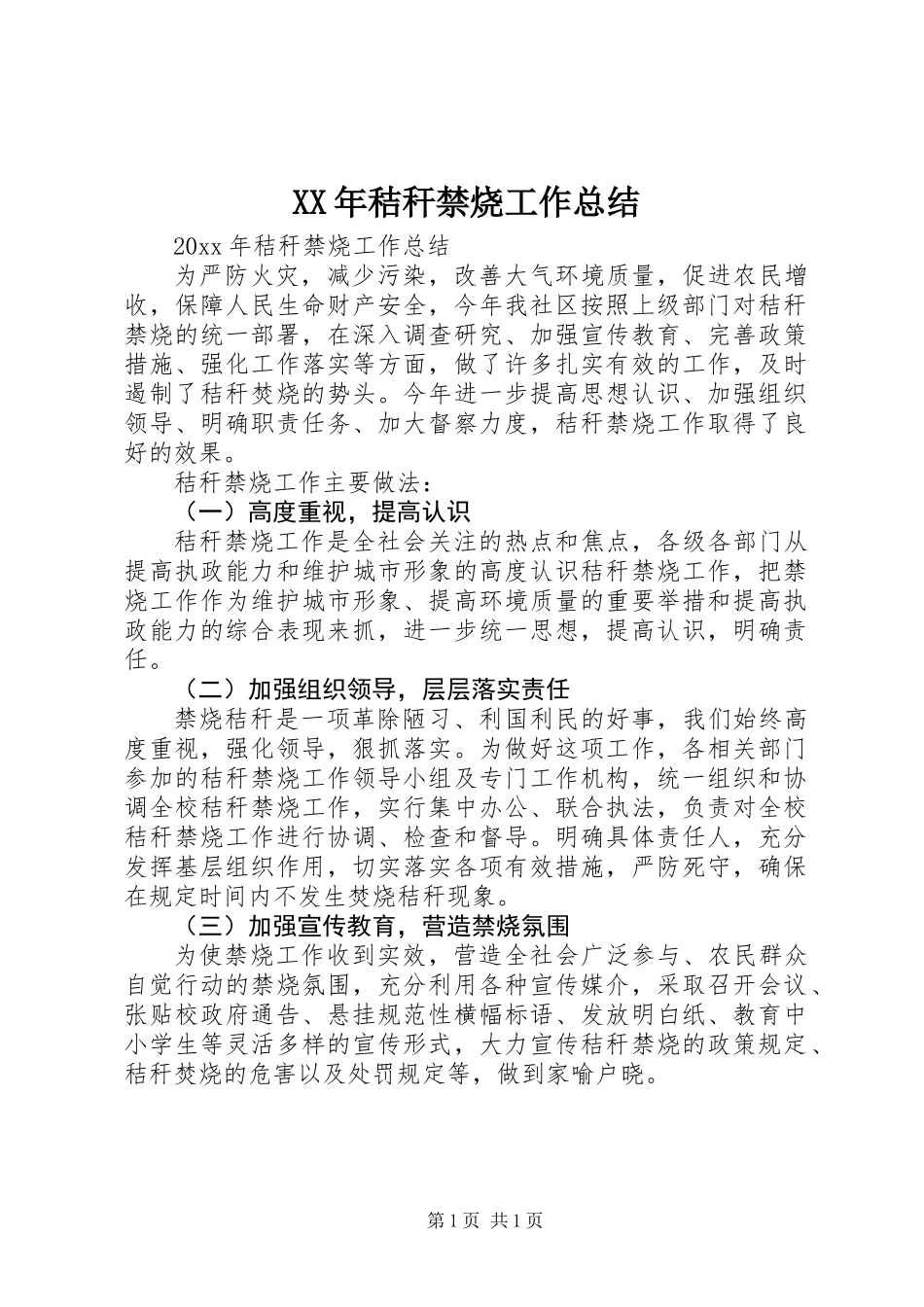 XX年秸秆禁烧工作总结_第1页