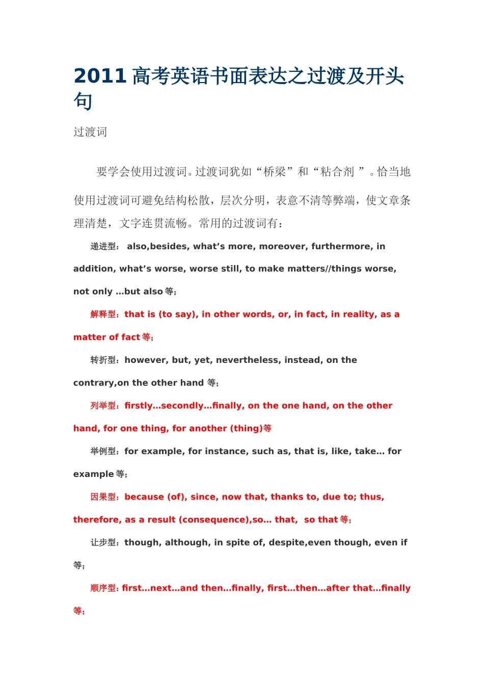 2011高考英语书面表达之过渡及开头句_第1页