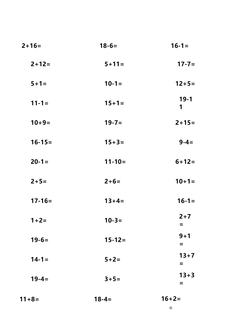 20以内加减法口算题(不进位不退位练习)_第1页