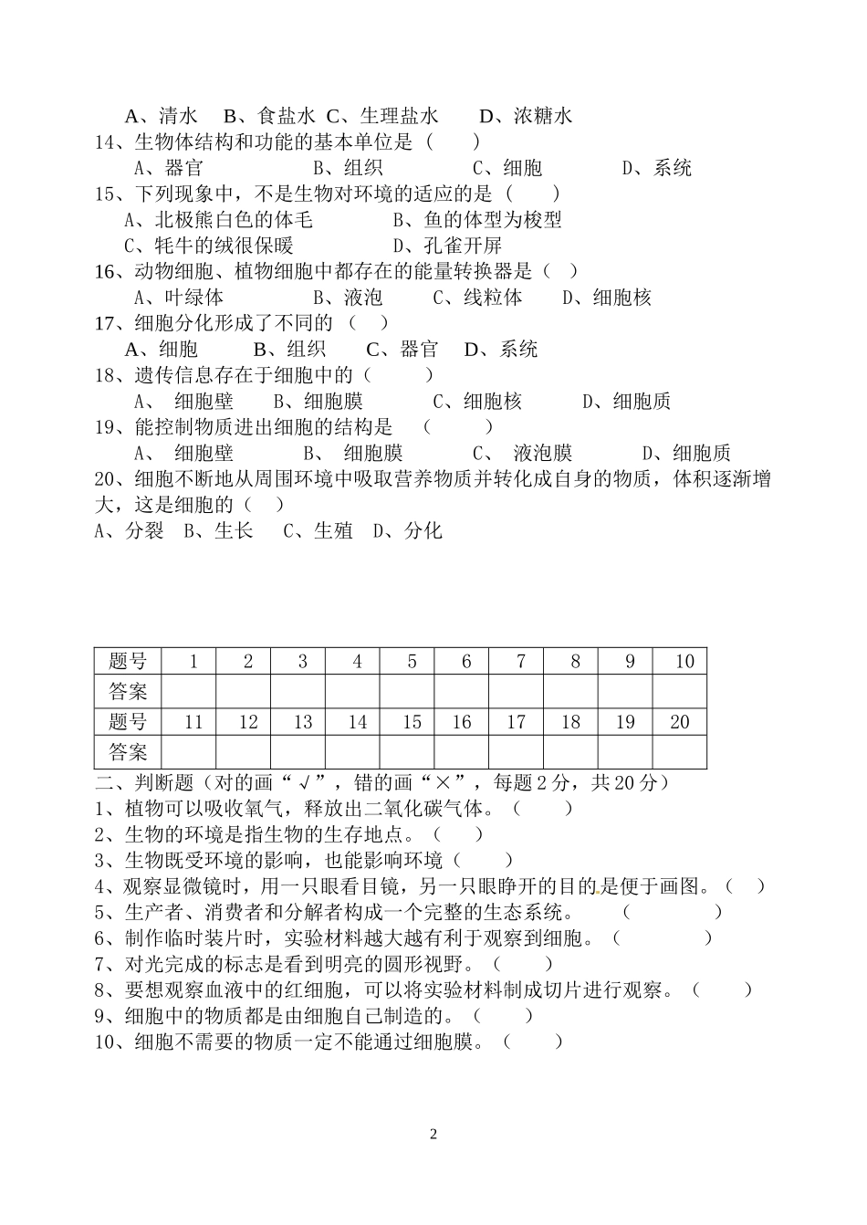 2014-2015七年级生物试卷(2)_第2页