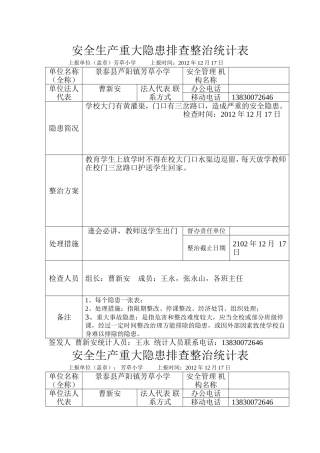 安全生产重大隐患排查整治统计表