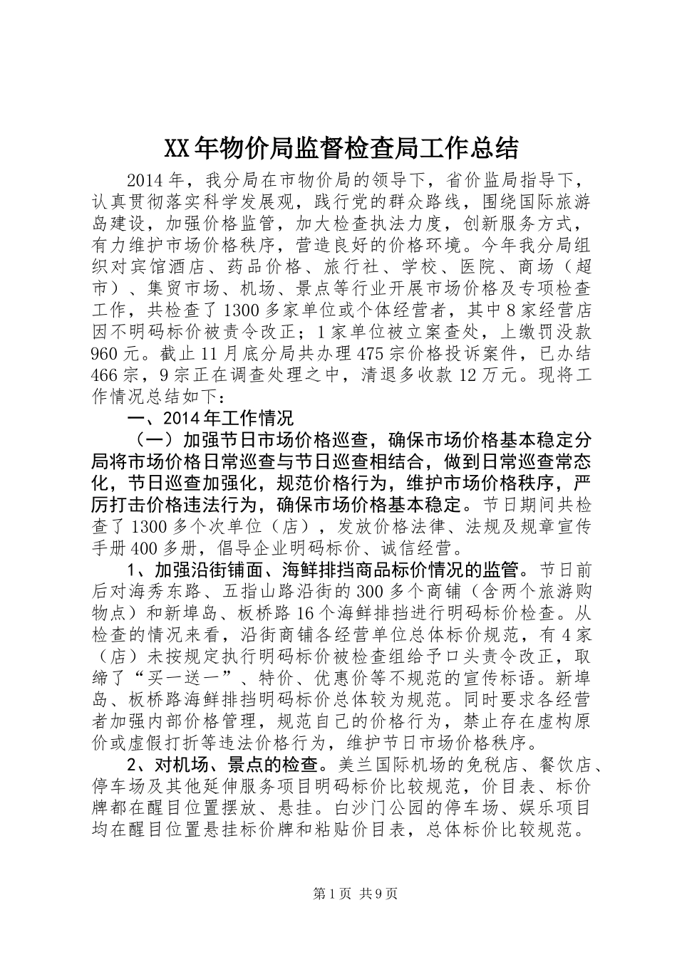 XX年物价局监督检查局工作总结_第1页