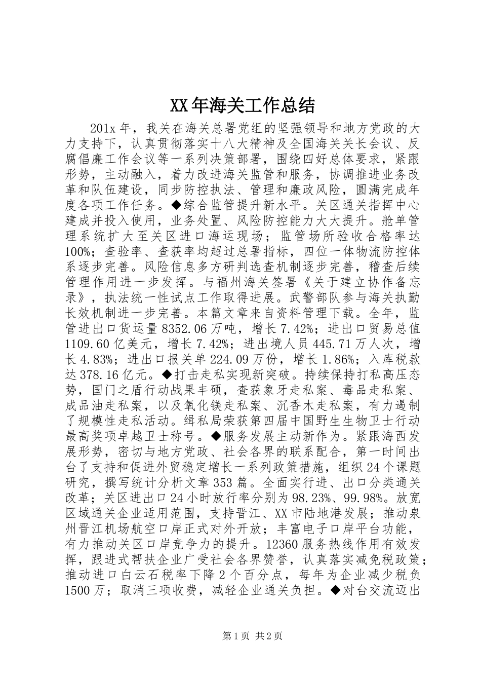 XX年海关工作总结_第1页