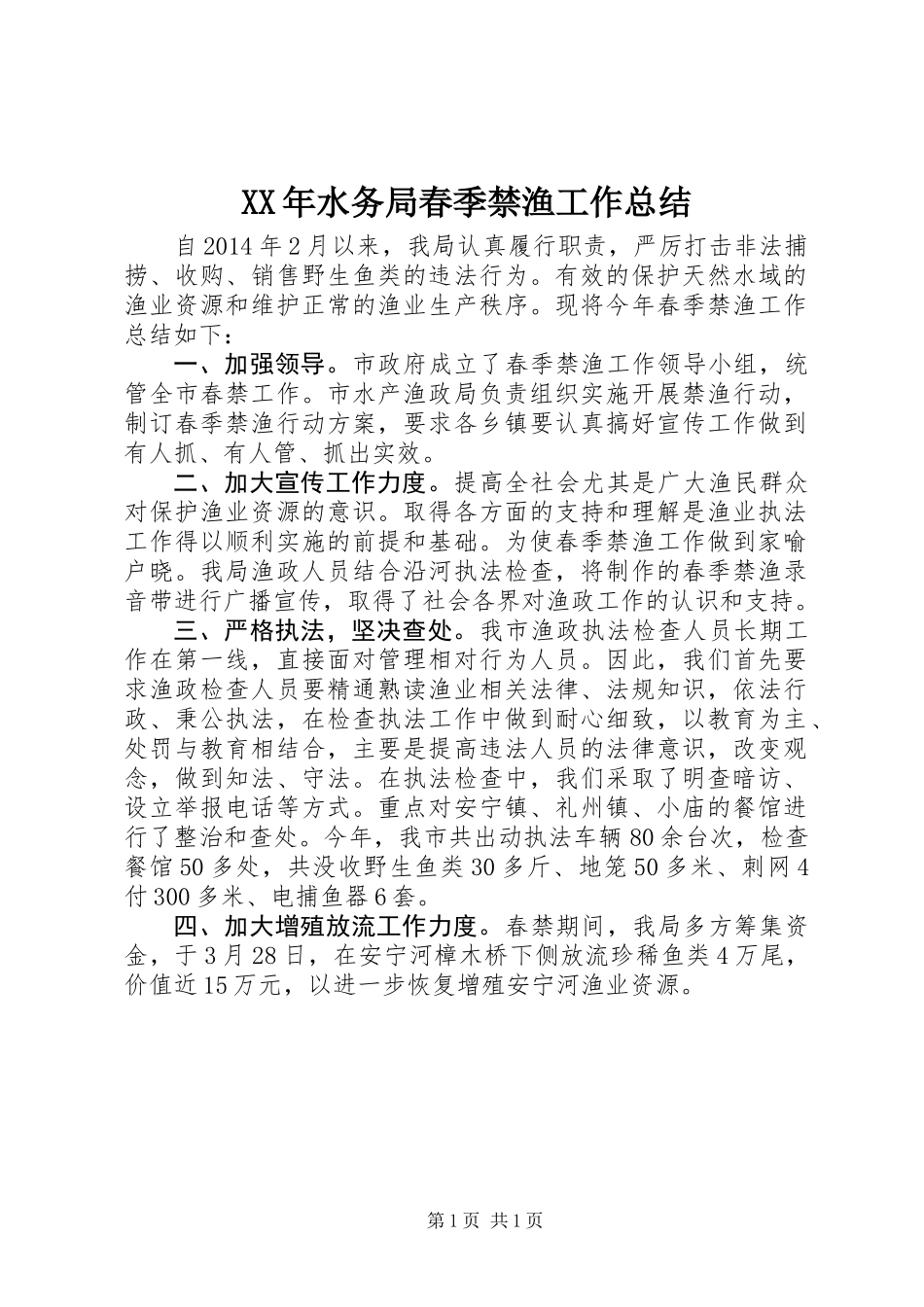 XX年水务局春季禁渔工作总结_第1页