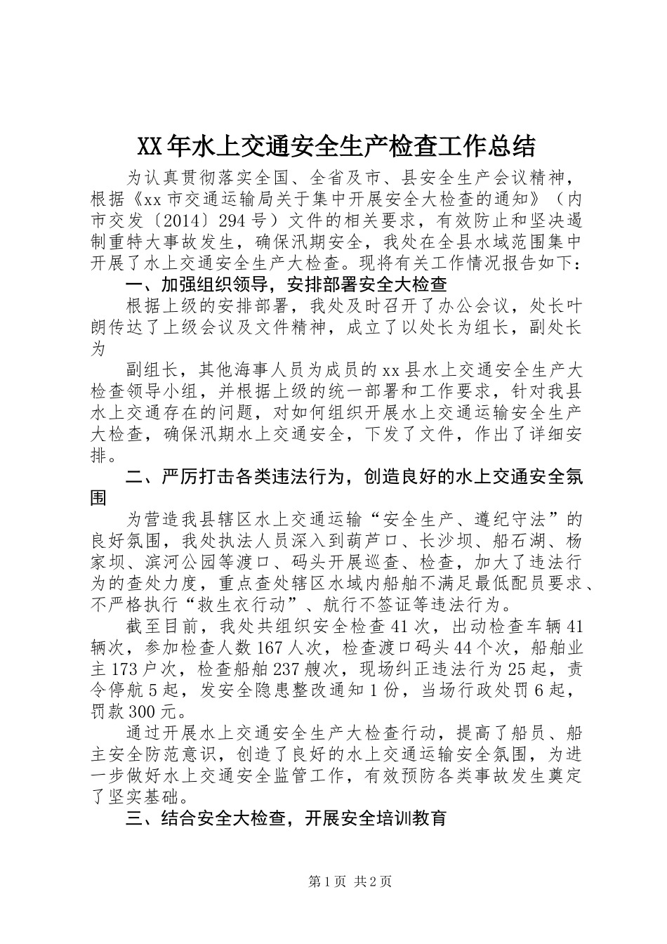XX年水上交通安全生产检查工作总结_第1页