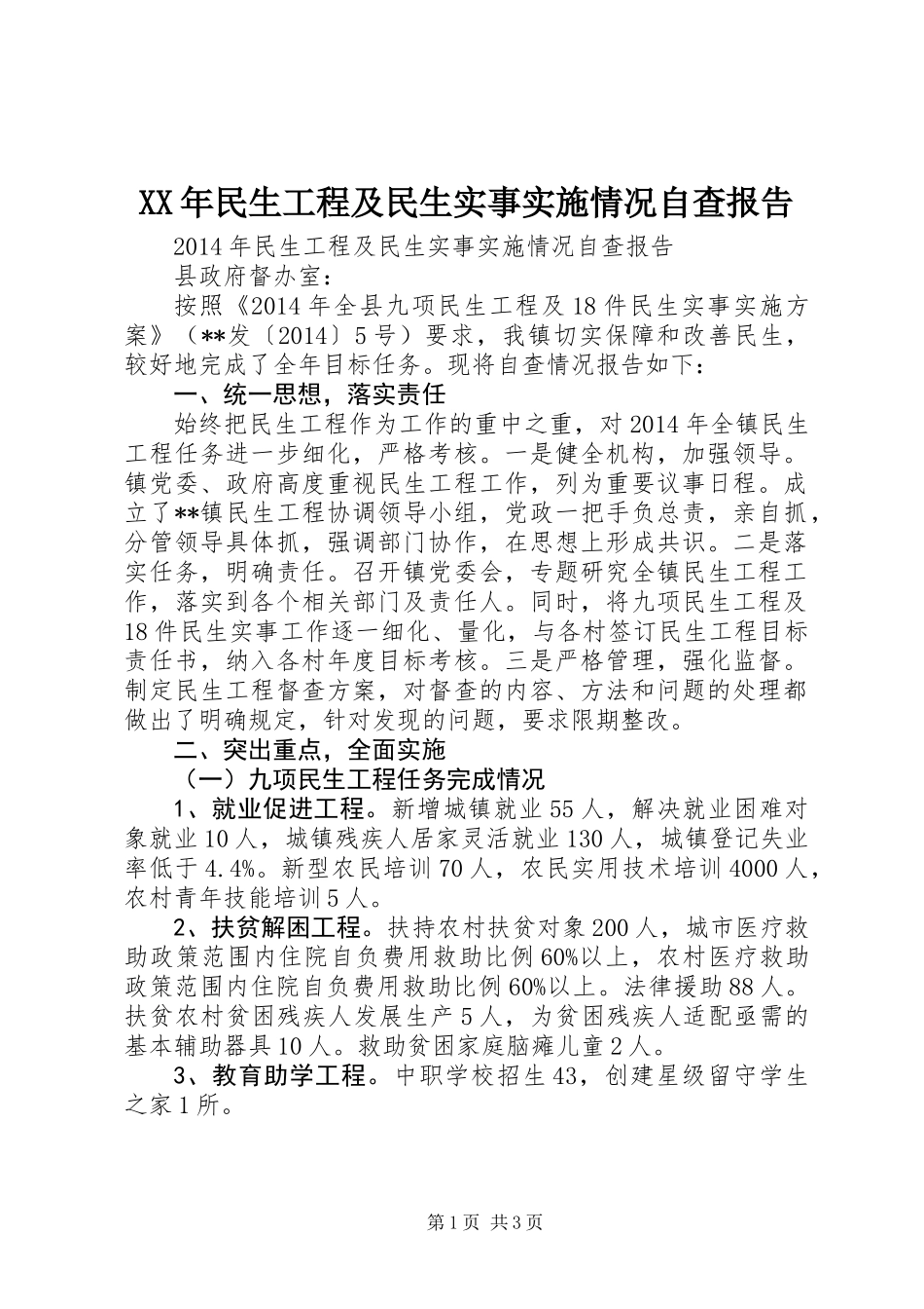 XX年民生工程及民生实事实施情况自查报告_第1页