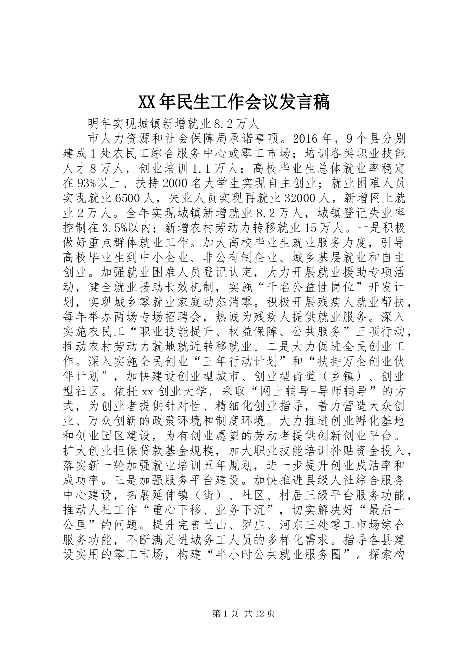 XX年民生工作会议发言稿_第1页