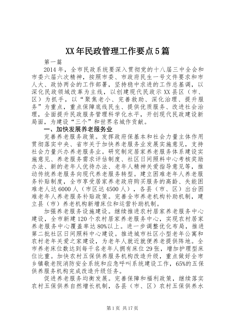 XX年民政管理工作要点5篇_第1页