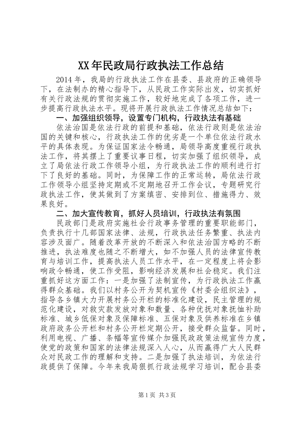 XX年民政局行政执法工作总结_第1页