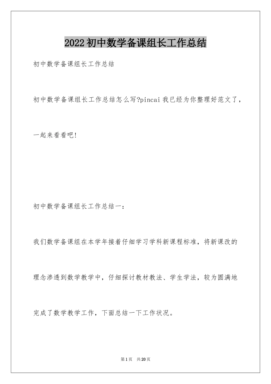 2024初中数学备课组长工作总结_第1页