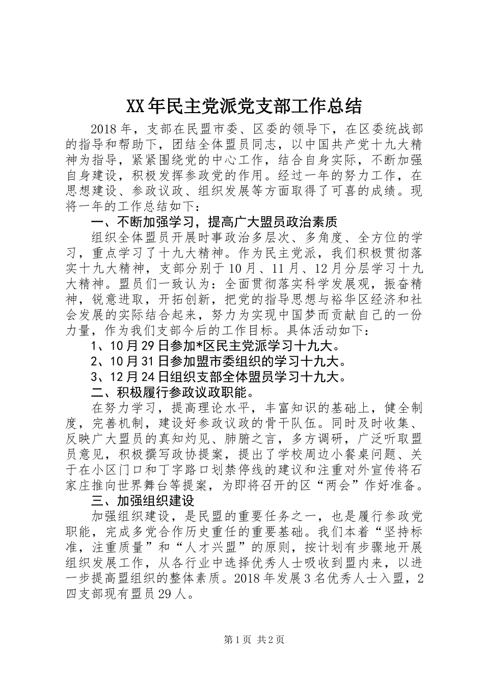 XX年民主党派党支部工作总结_第1页
