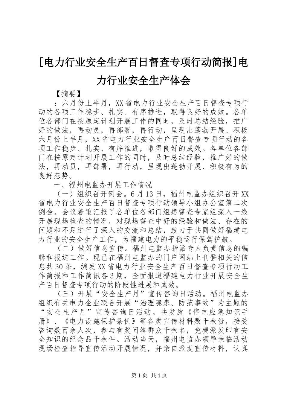 [电力行业安全生产百日督查专项行动简报]电力行业安全生产体会_第1页