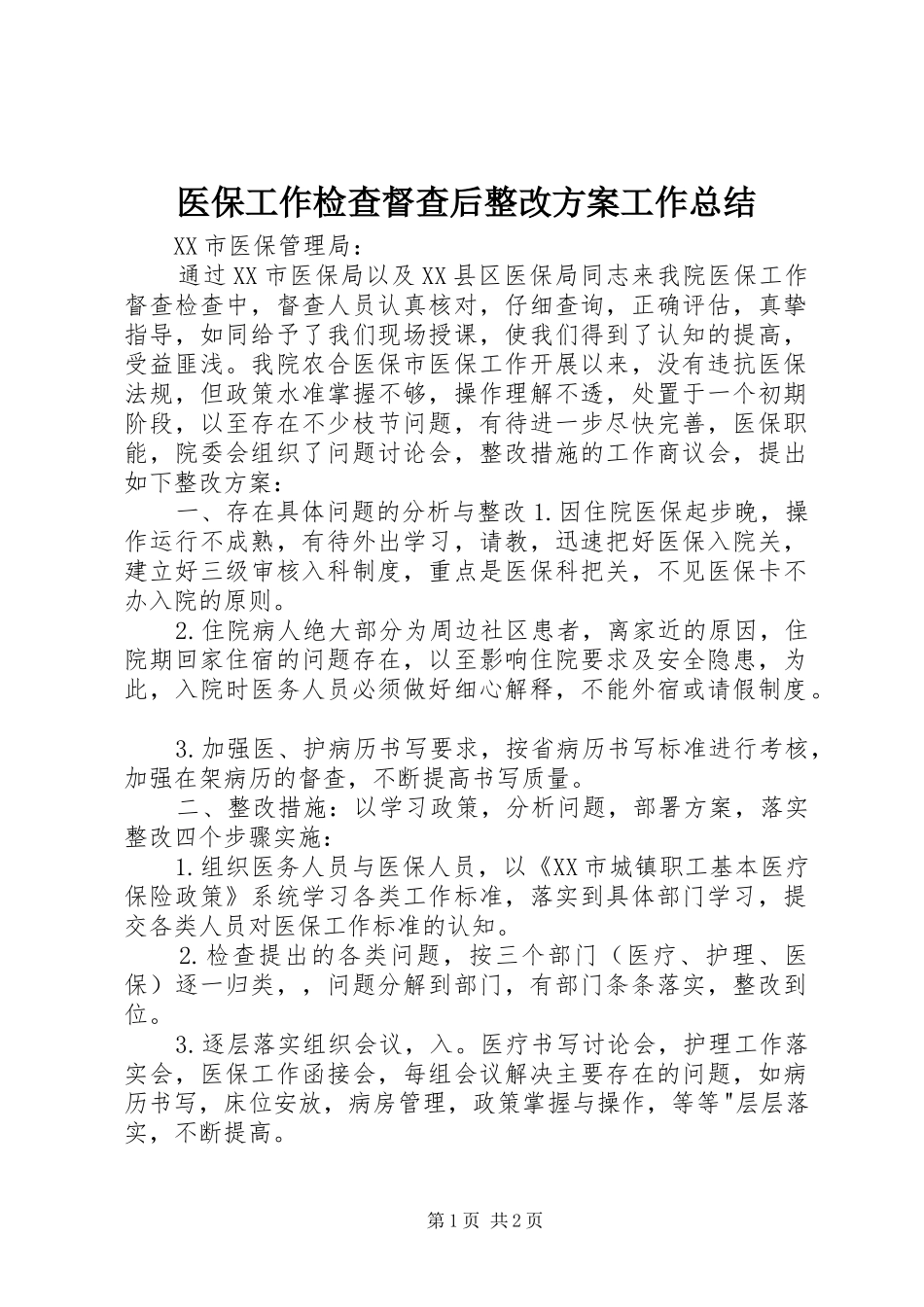医保工作检查督查后整改方案工作总结_第1页