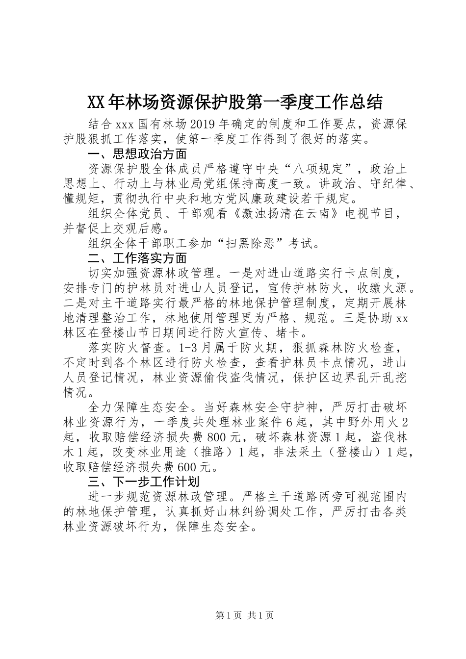 XX年林场资源保护股第一季度工作总结_第1页