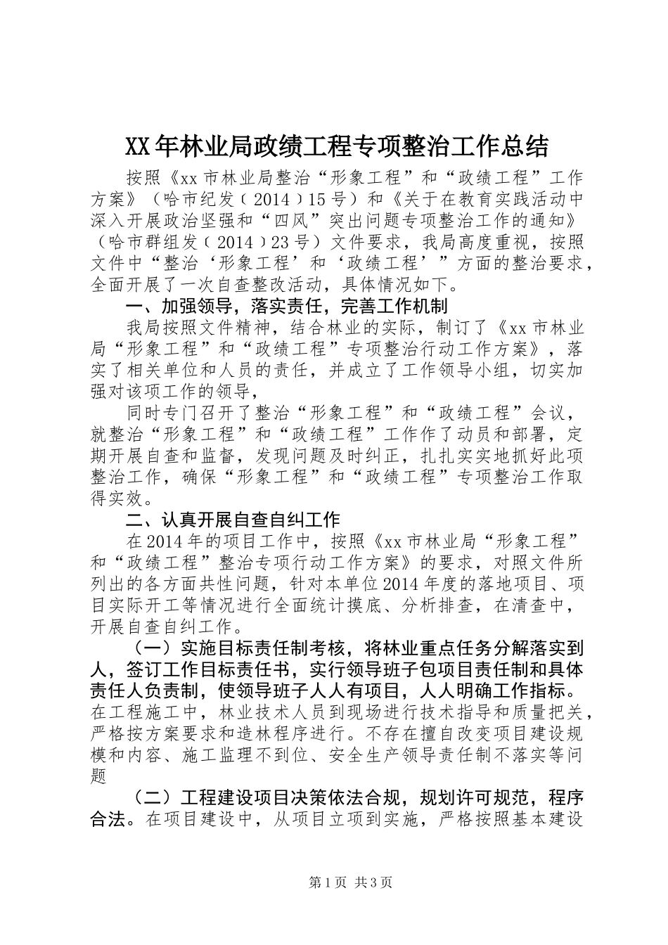 XX年林业局政绩工程专项整治工作总结_第1页