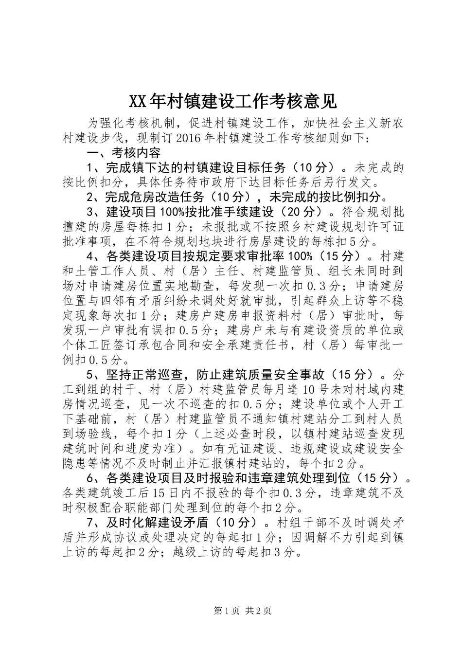 XX年村镇建设工作考核意见_第1页