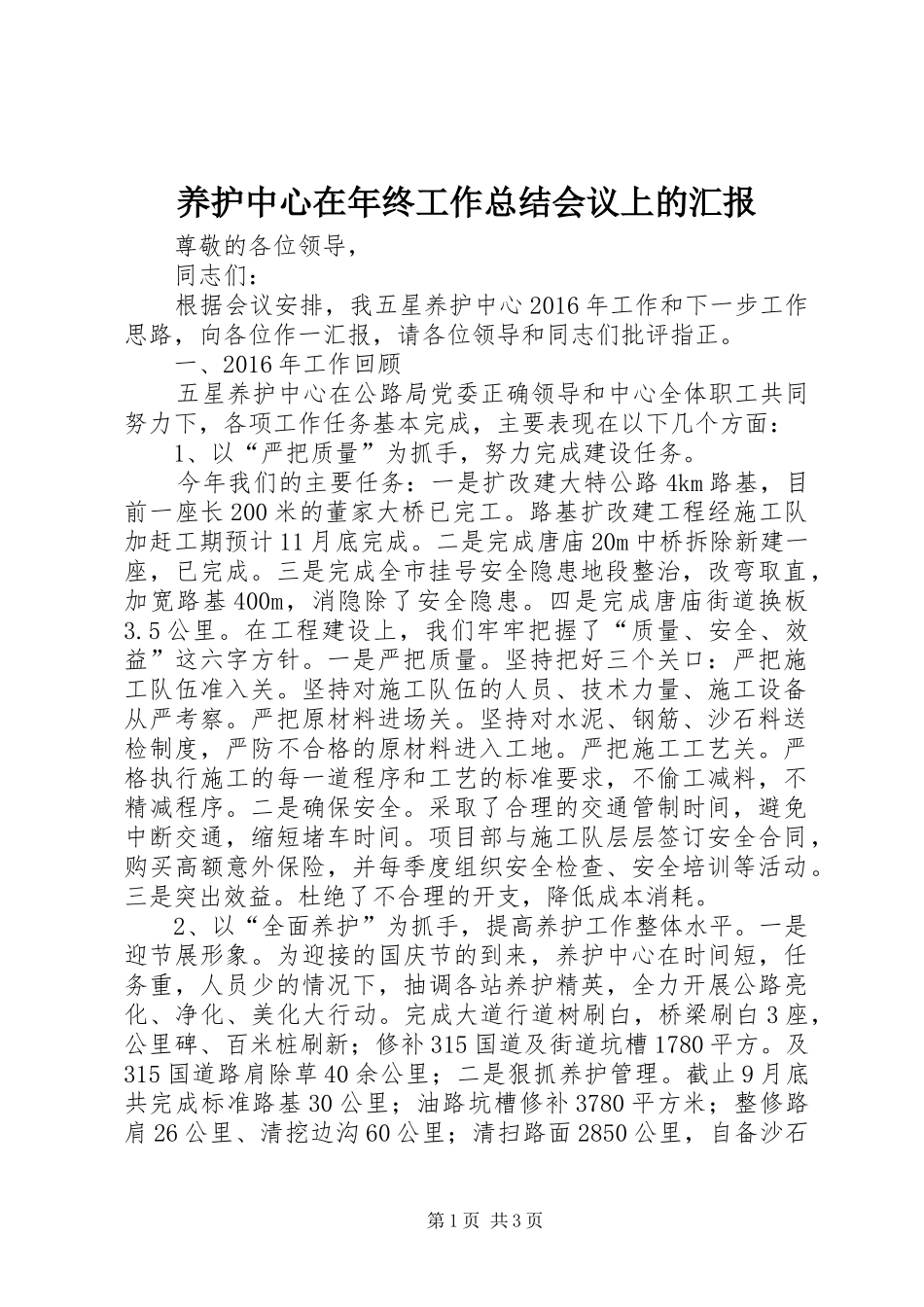 养护中心在年终工作总结会议上的汇报_第1页