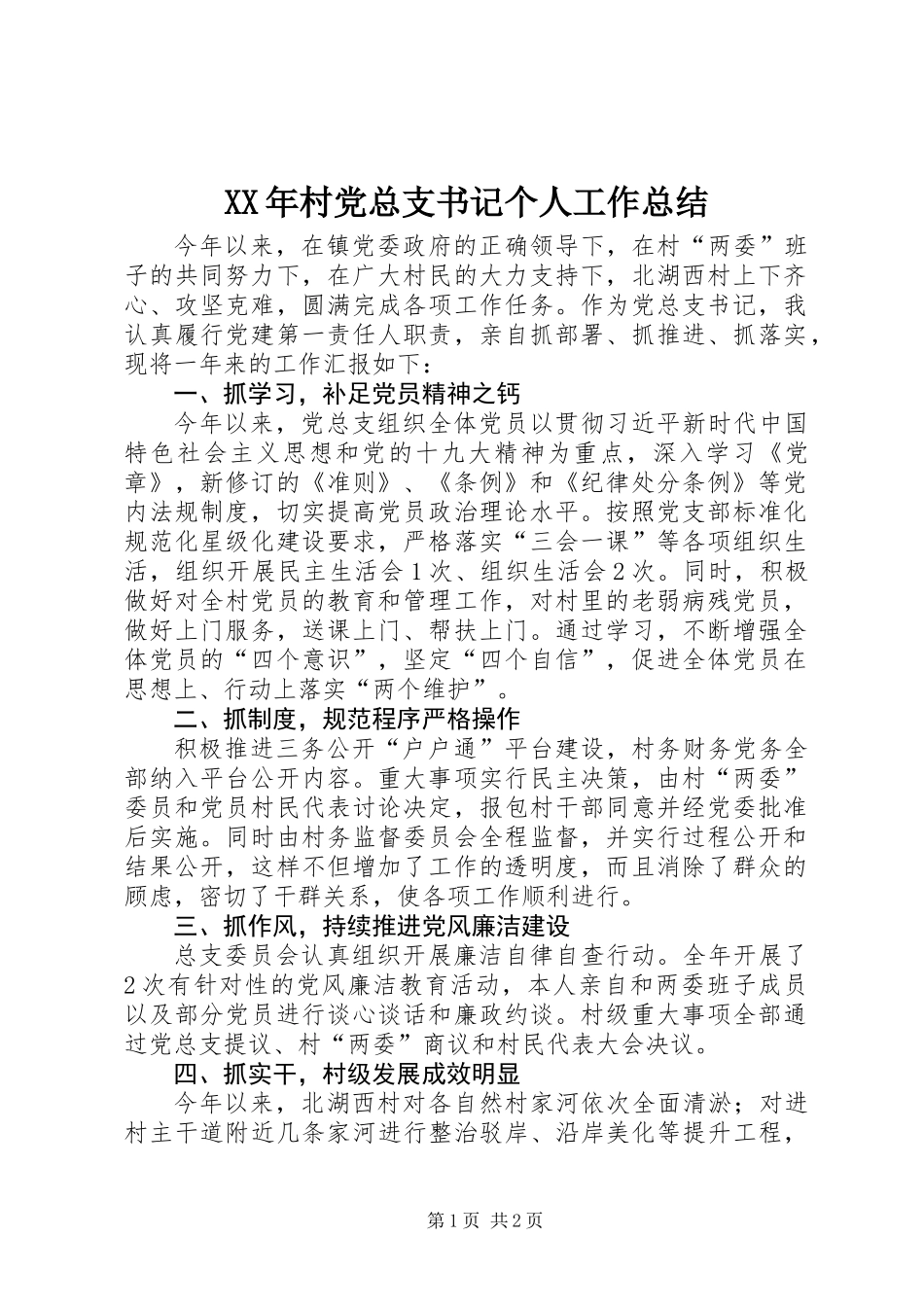 XX年村党总支书记个人工作总结_第1页