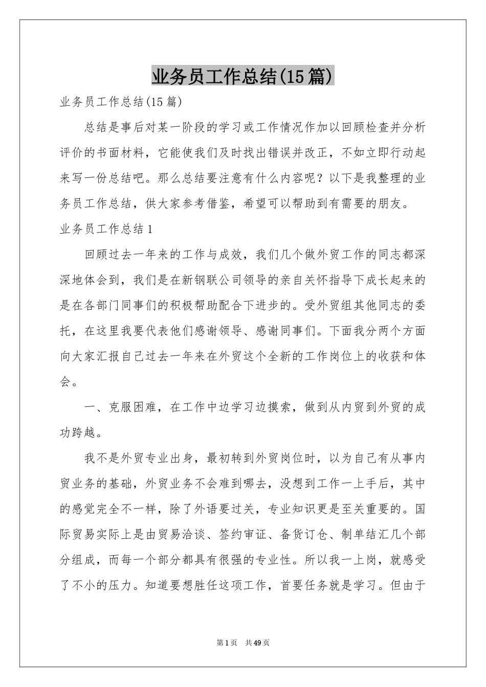 业务员工作参考总结(15篇)_第1页