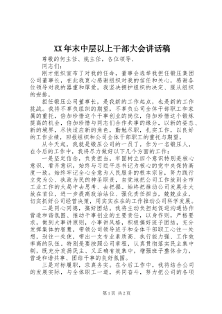 XX年末中层以上干部大会讲话稿