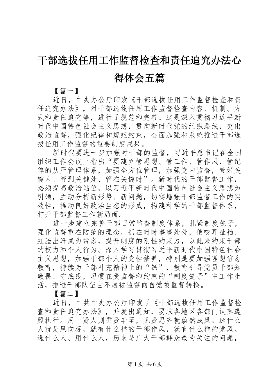干部选拔任用工作监督检查和责任追究办法心得体会五篇_第1页