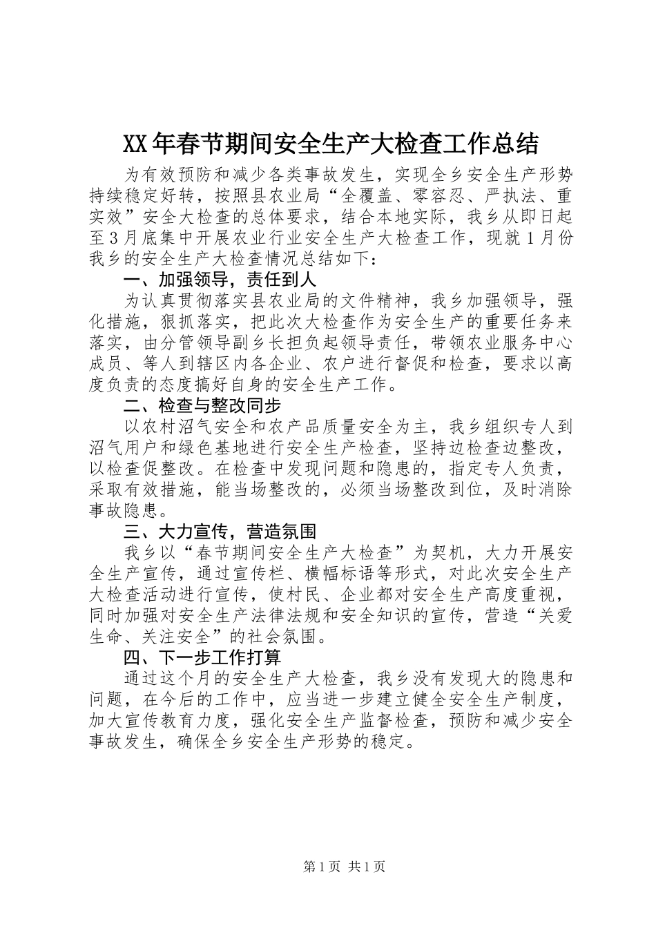 XX年春节期间安全生产大检查工作总结_第1页