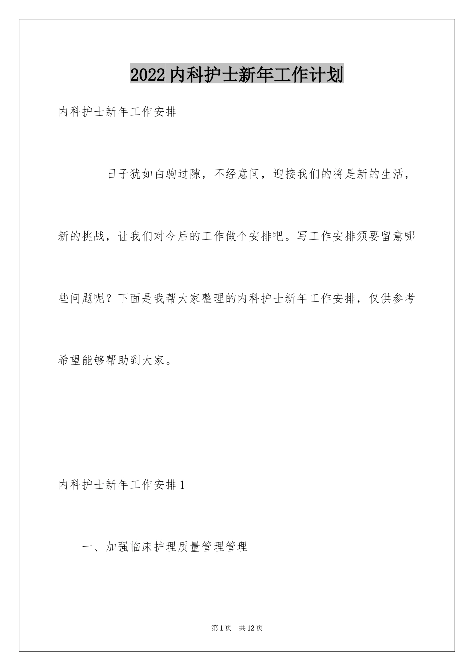 2024内科护士新年工作计划_第1页
